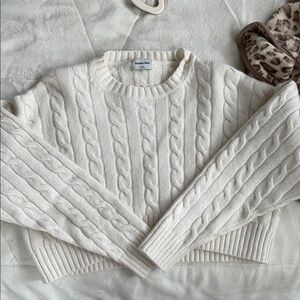 Aritzia White Cable Knit Crew Neck Sweater